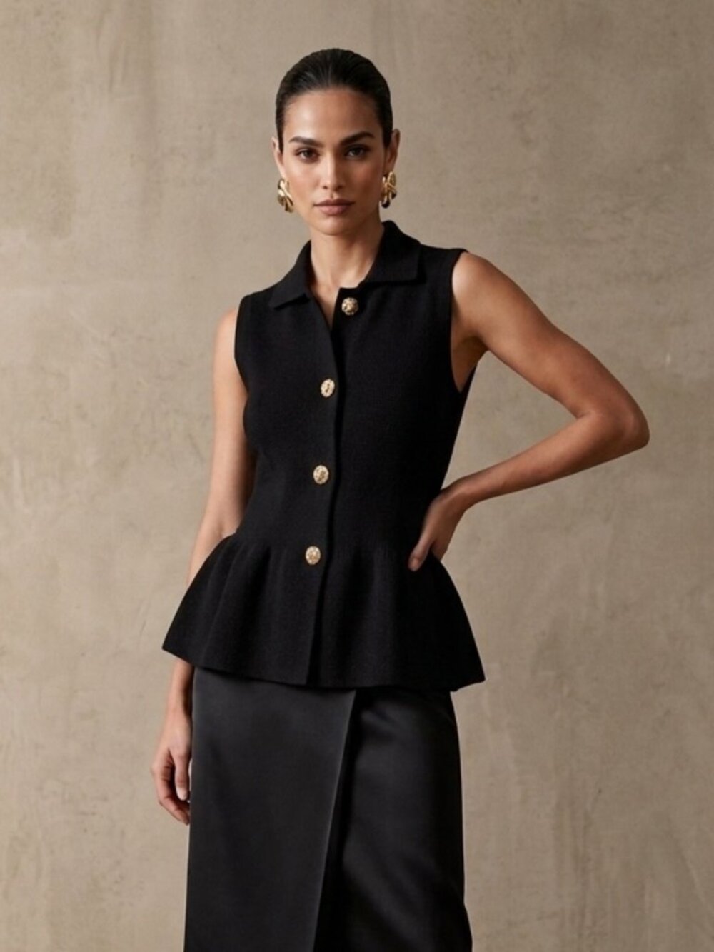 Mango Black Knit Vest Size Small with Gold Buttons